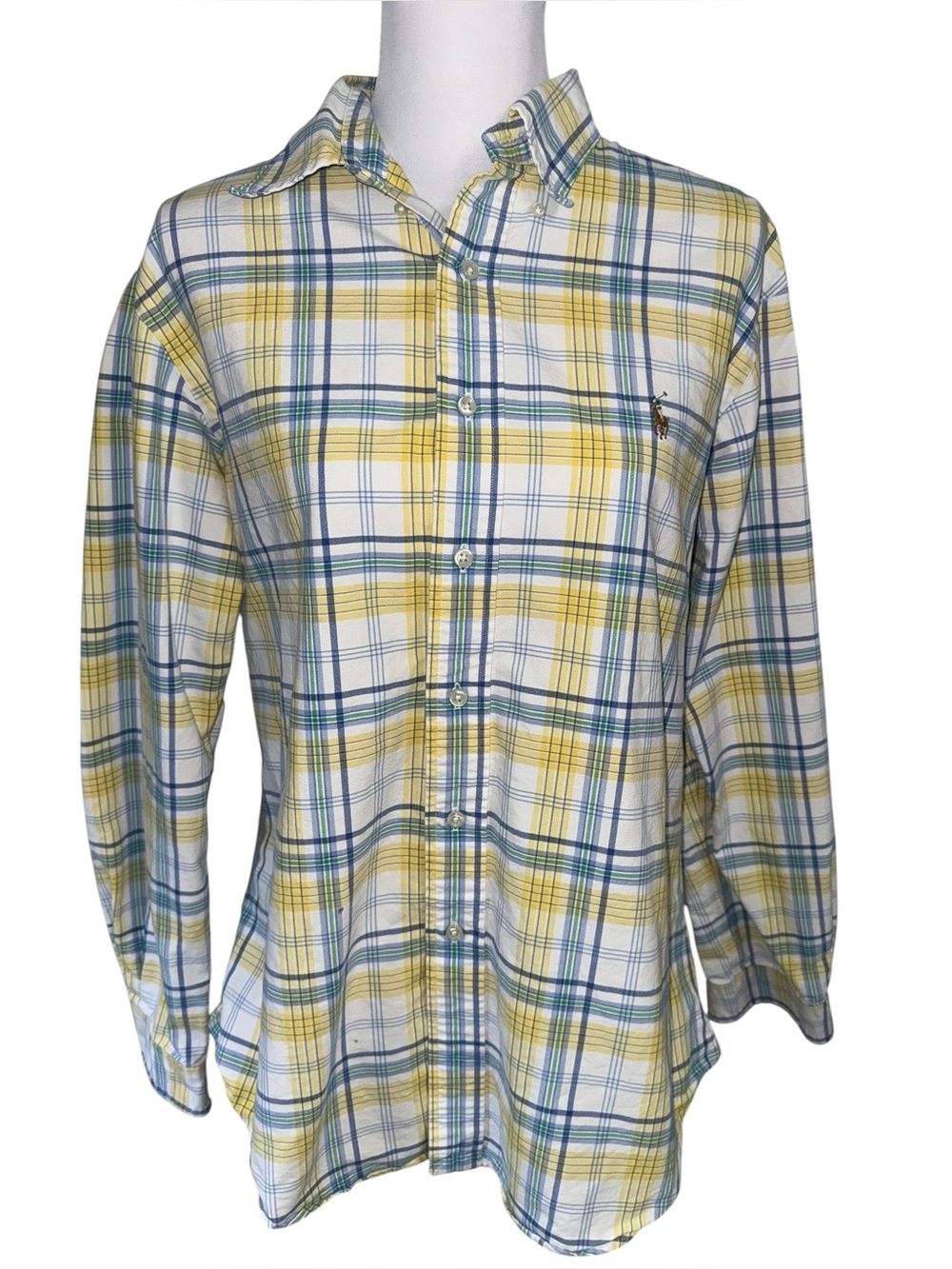 Ralph Lauren Custom Fit Plaid Button Down Shirt Mens Large Yellow Blue
